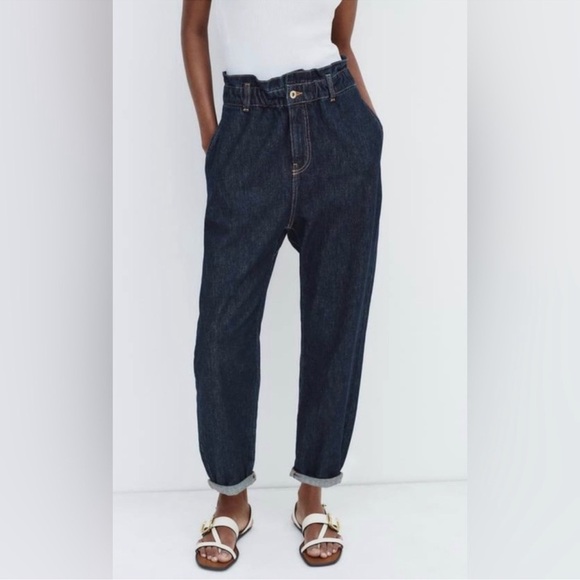 Zara High Waisted Baggy Fit Paper Bag Carrot Leg‎ Ankle Jeans Dark Wash Sz 2 NEW - Picture 9 of 9